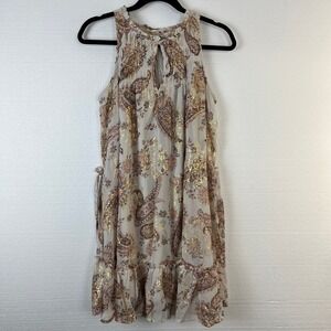 Sleeveless Mini Dress Sz S Paisley Metallic Gold Cream Rose Flowy Fairy Coquette